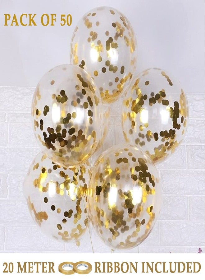 AMFIN Rubber (Pack Of 50) Transparent Balloons Bouquet Combo With Re Filled Gold Confetti & Ribbons For Anniversary, Birthday, Baby Shower, Valentine Day Party Decoration Balloon - Gold - Image 2